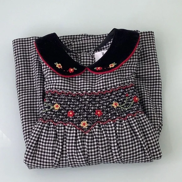 Rare Editions Smocked Houndstooth Floral velvet trim dress size 18M EUC - Picture 2 of 14